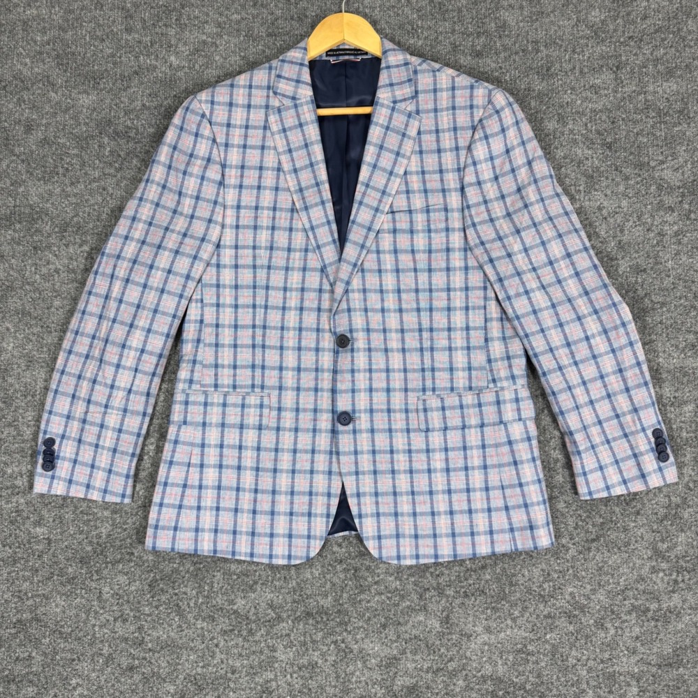 Tommy Hilfiger Blazer Plaid Sport Coat Mens 40R Blue Cotton Linen EUC